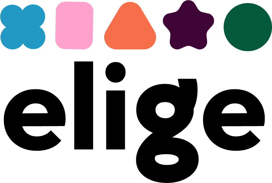 Logotipo oficial de eliGe, con sus cinco formas geométricas y el nombre de la organización